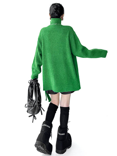 Irregularity Long Sleeves Buttoned Ribs Solid Color Split-Joint High Neck Sweater Tops