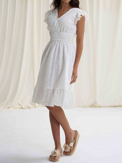 A-Line Loose Elasticity Hollow Pleated Solid Color V-Neck Mini Dresses