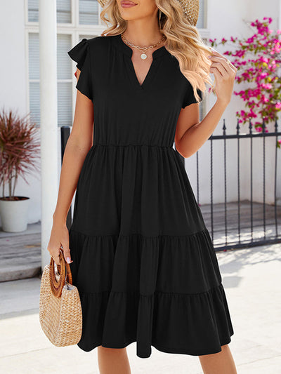 Loose Ruffle Sleeves Pleated Pockets Solid Color Split-Joint V-Neck Midi Dresses