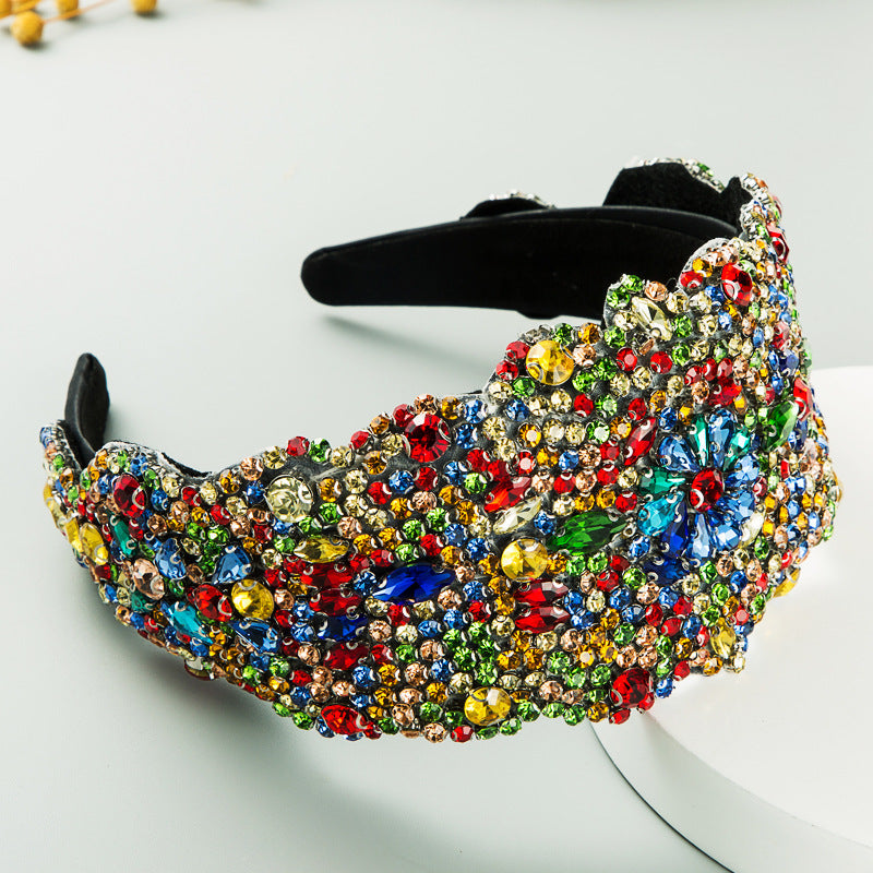 new super exaggerated starry colorful rhinestone wide-brimmed headband women's luxury fabric headwear