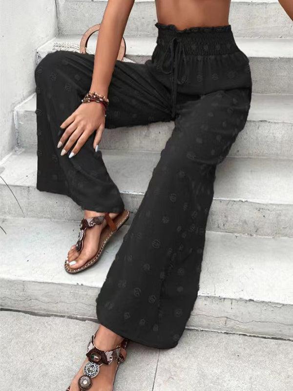 High Waisted Loose Drawstring Elasticity Jacquard Solid Color Pants Trousers