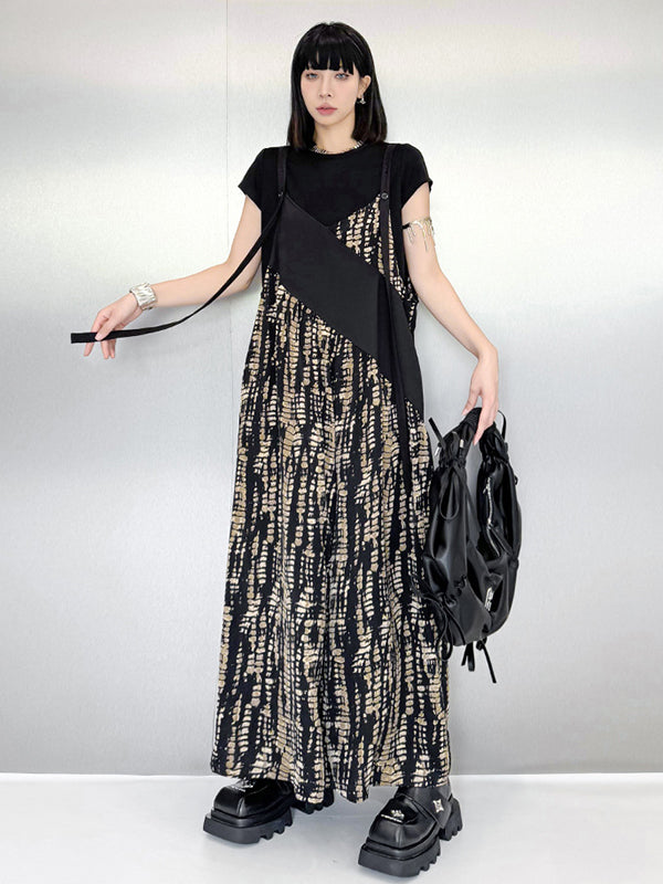 Loose Sleeveless Asymmetric Contrast Color Printed Split-Joint Spaghetti-Neck Overalls