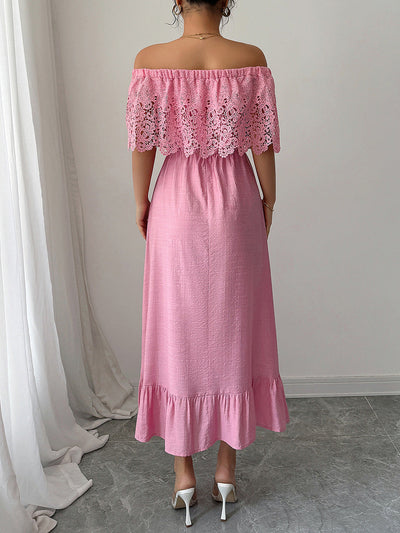 A-Line High Waisted Pleated Ruffled Solid Color Split-Joint Off-the-shoulder Midi Dresses