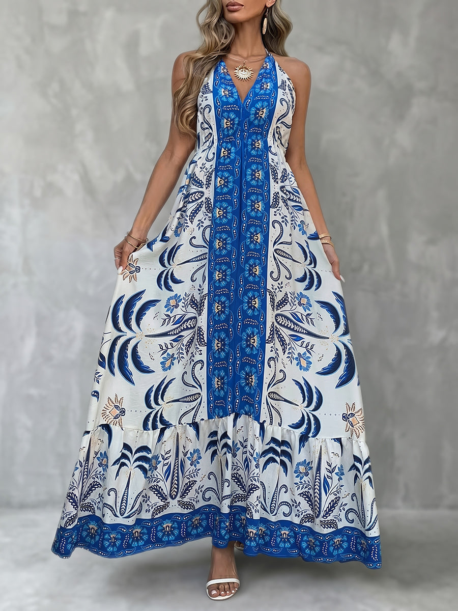 A-Line Sleeveless Backless Contrast Color Floral Printed Pleated Tied Halter-Neck Maxi Dresses