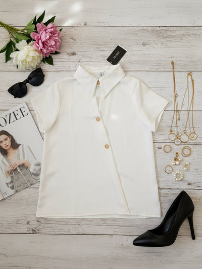 Short Sleeves Buttoned Solid Color Lapel Blouses&Shirts Tops