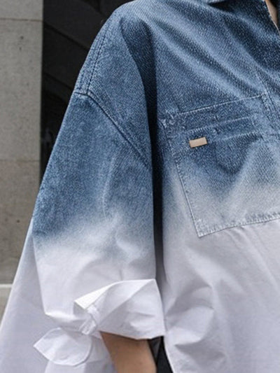 High-Low Loose Gradient Printed Split-Joint Split-Side Lapel Blouses&Shirts Tops