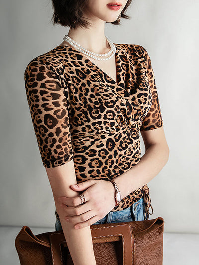 Half Sleeves Skinny Leopard Pleated V-Neck T-Shirts Tops