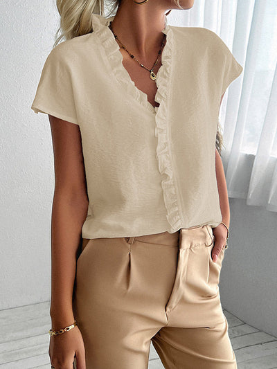 Loose Short Sleeves Ruffle Trim Solid Color V-Neck Blouses&Shirts Tops