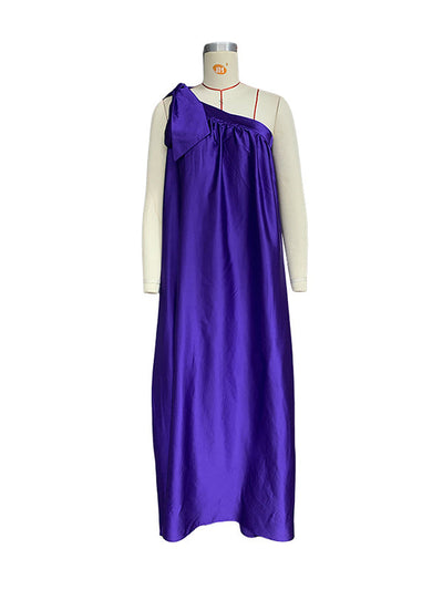 A-Line Loose Asymmetric Pleated Solid Color Tied One-Shoulder Maxi Dresses