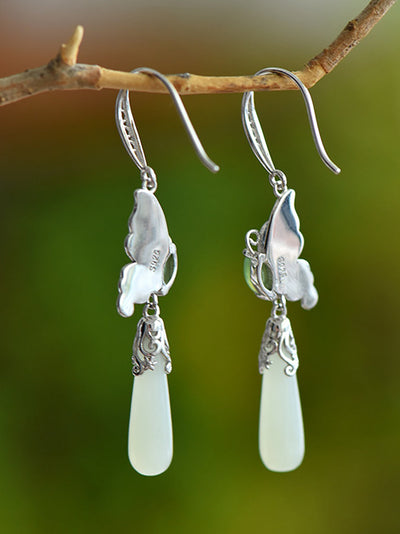 Women Ethnic Jade Enamel Butterfly S925Silver Earrings