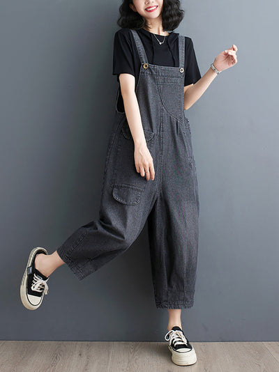 Plus Size Women Summer Solid Casual Loose Denim Jumpsuits