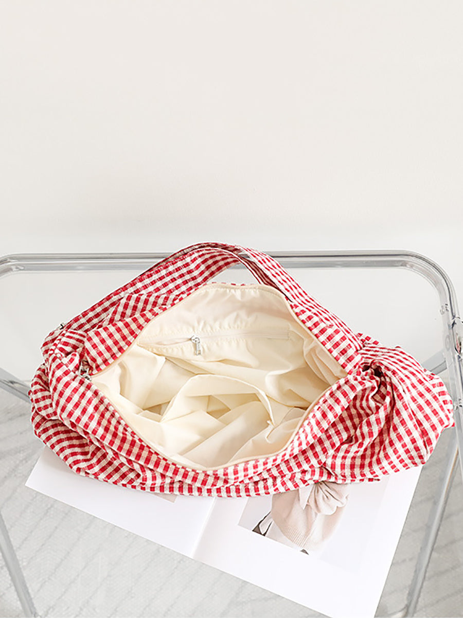 Women Casual Plaid Canvas Dumpling Shoulder Bag