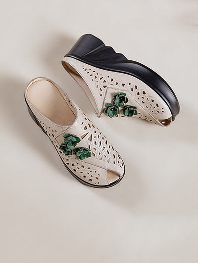 Women Summer Hollow Out Leather Platform Slippers