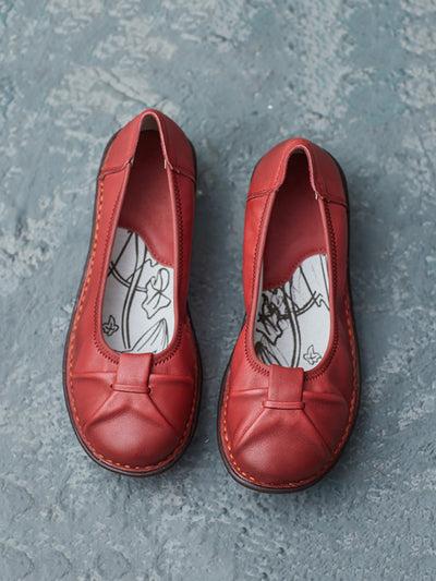 Women Ethnic Pure Color Genuine Leather Low Heel Shoes