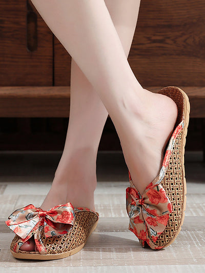 Women Ethnic Straw Weave Flower Bowknot Indoor Slippers