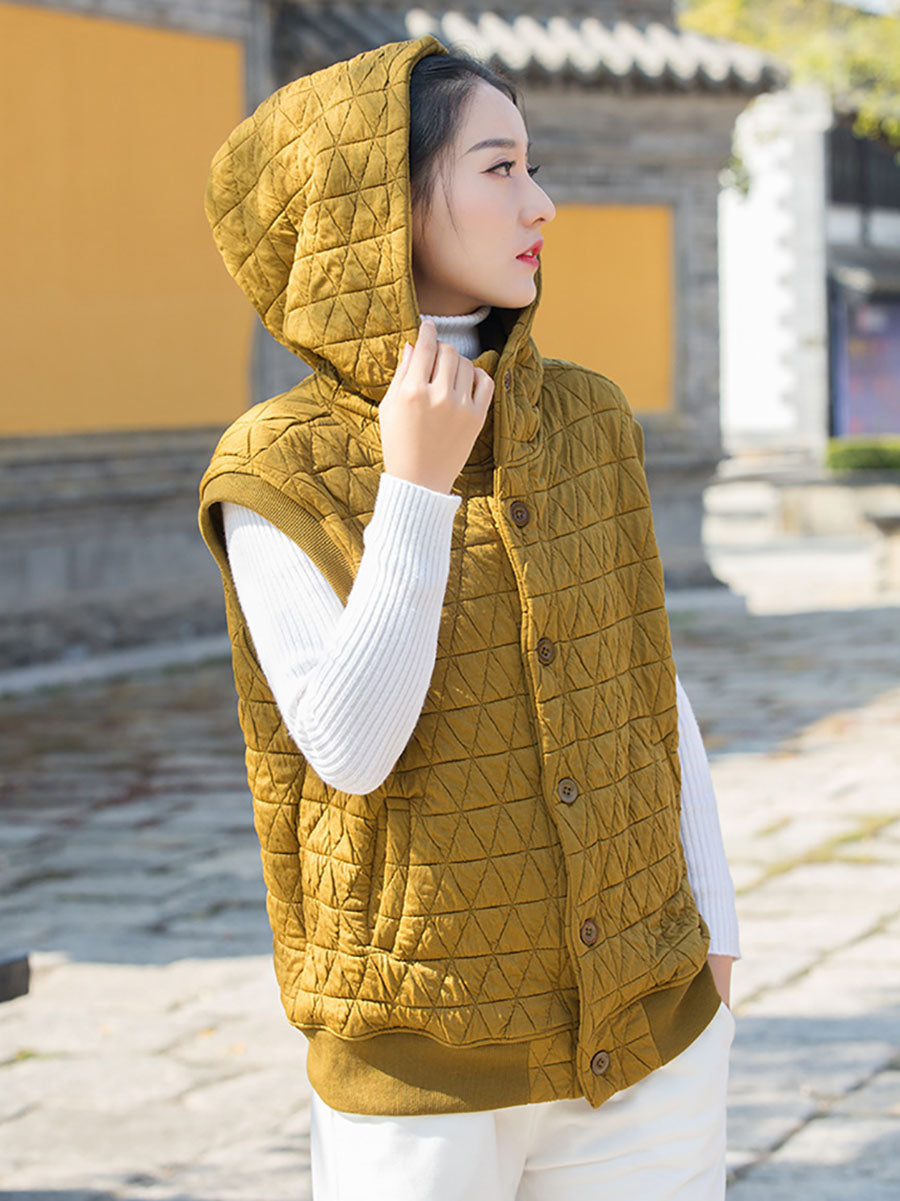 Women Winter Artsy Solid Button Pocket Hooded Vest