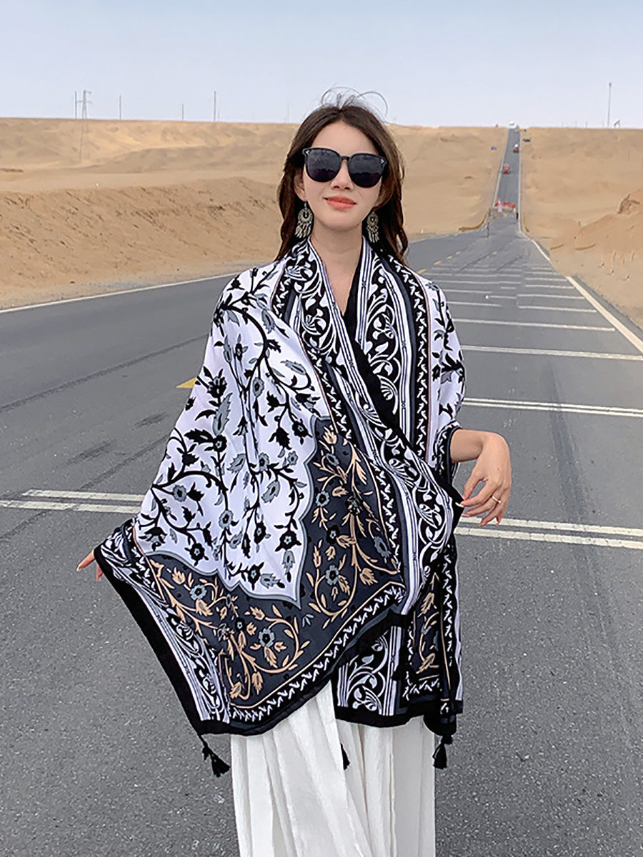 Women Ethnic Print Tassel Shawl Scarf