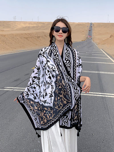 Women Ethnic Print Tassel Shawl Scarf