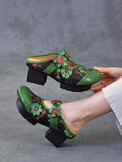 Women Fashion Flower Leather Platform Slippers