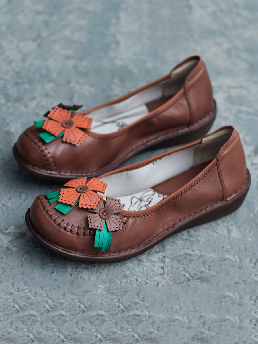 Women Spring Leather Flower Spliced Low Heel Shoes