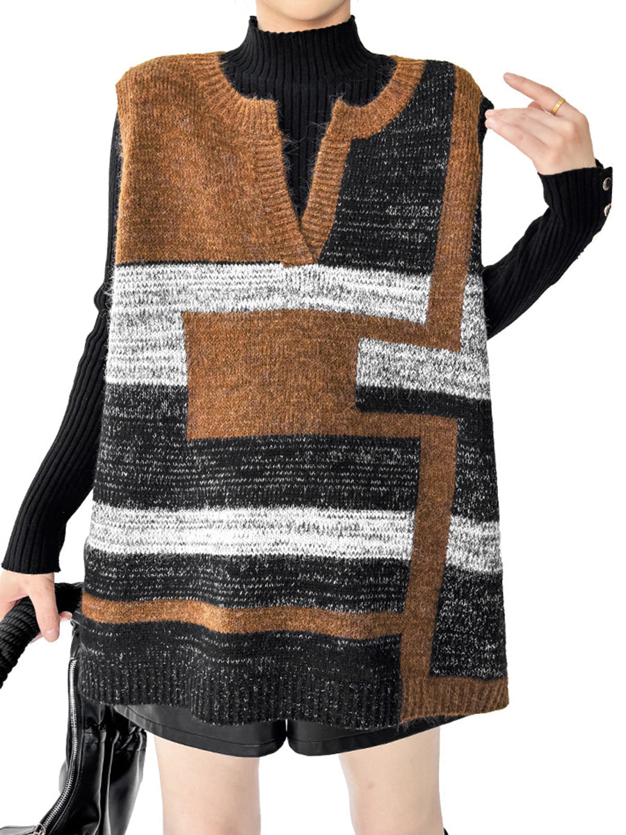 Loose Sleeveless Contrast Color Geometric Split-Joint Striped V-Neck Outerwear Vest Top