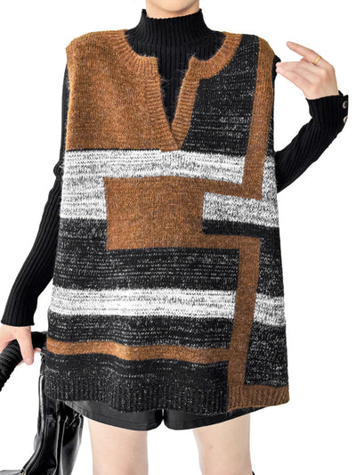 Loose Sleeveless Contrast Color Geometric Split-Joint Striped V-Neck Outerwear Vest Top