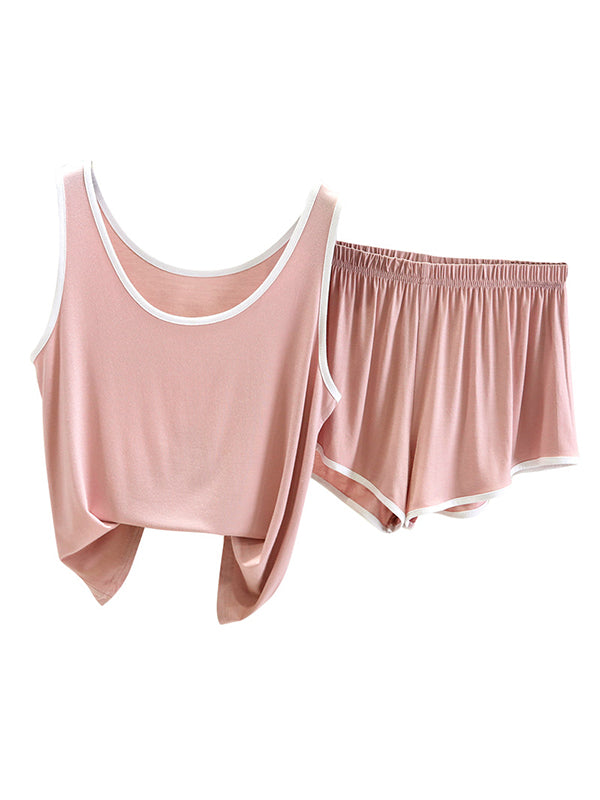 Home Wear Loose Sleeveless Contrast Color Round-Neck Vest&Shorts Pajamas Set