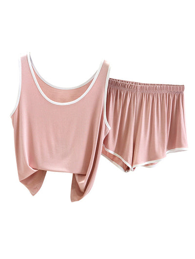 Home Wear Loose Sleeveless Contrast Color Round-Neck Vest&Shorts Pajamas Set