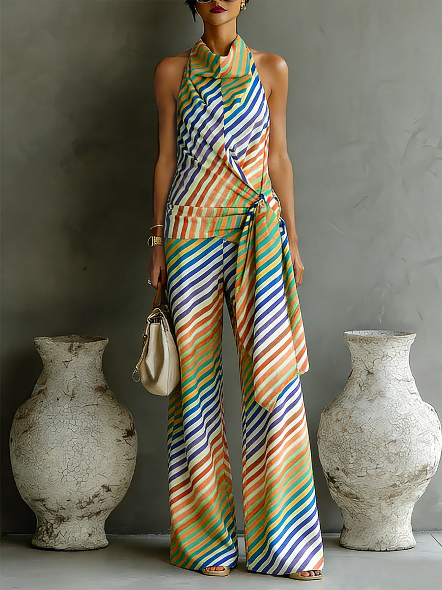 Loose Sleeveless Backless Contrast Color Striped Tied Halter-Neck Vest Top
