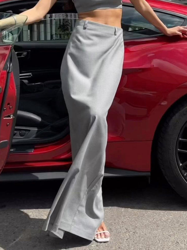 High Waisted Loose No Belt Solid Color Split-Back Split-Joint Zipper Skirts Bottoms