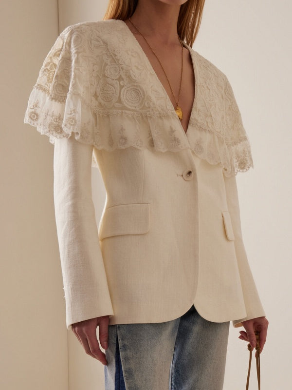 Long Sleeves Buttoned Embroidered Pockets Split-Joint Deep V-Neck Blazer Outerwear