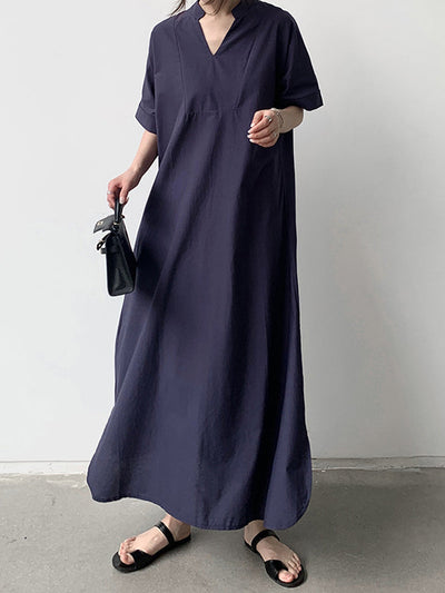 Loose Short Sleeves Solid Color V-Neck Maxi Dresses