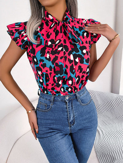 Cap Sleeve Loose Leopard Statement Collar Vest Top
