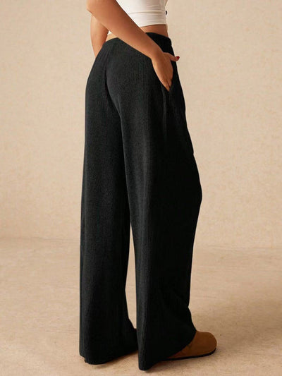 Elasticated Waist High Waisted Drawstring Solid Color Split-Joint Pants Trousers