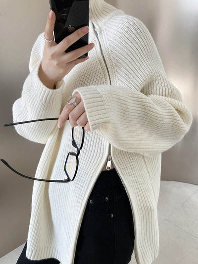 Long Sleeves Loose Split-Joint Split-Side Zipper High Neck Sweater Tops