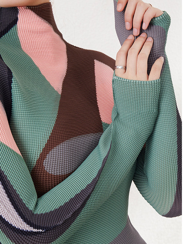 Long Sleeves Contrast Color Pleated Mock Neck T-Shirts Tops