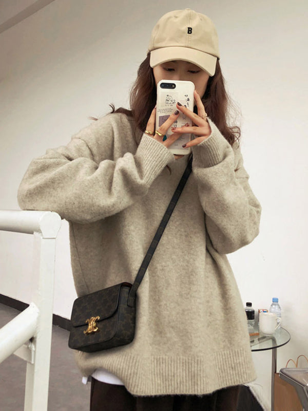 Simple Loose Long Sleeves Round-Neck Sweater Tops Pullovers