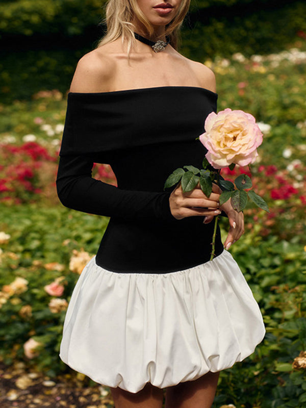 High Waisted Long Sleeves Contrast Color Pleated Split-Joint Off-The-Shoulder Mini Dresses