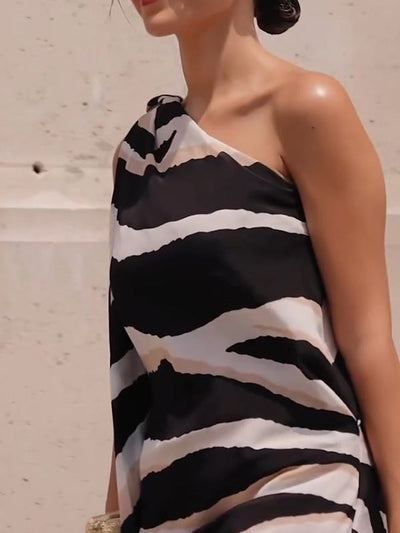 Loose Sleeveless Asymmetric Zebra-Stripe One-Shoulder Vest Top