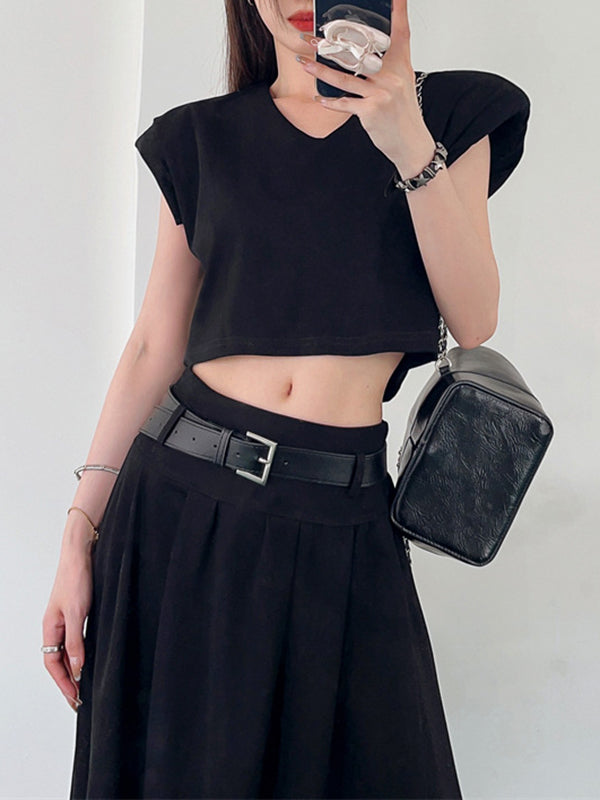 A-Line High Waisted Belted Pleated Solid Color Skirts Bottoms