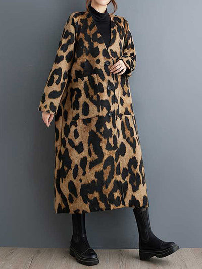 Long Sleeves Loose Buttoned Leopard Pockets Split-Joint V-Neck Outerwear Trench Coats