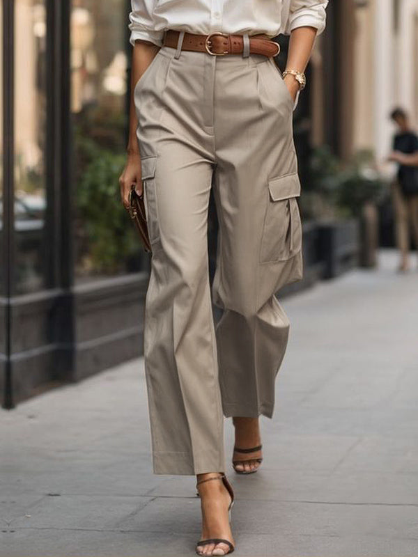 High Waisted Pleated Pockets Solid Color Pants Trousers