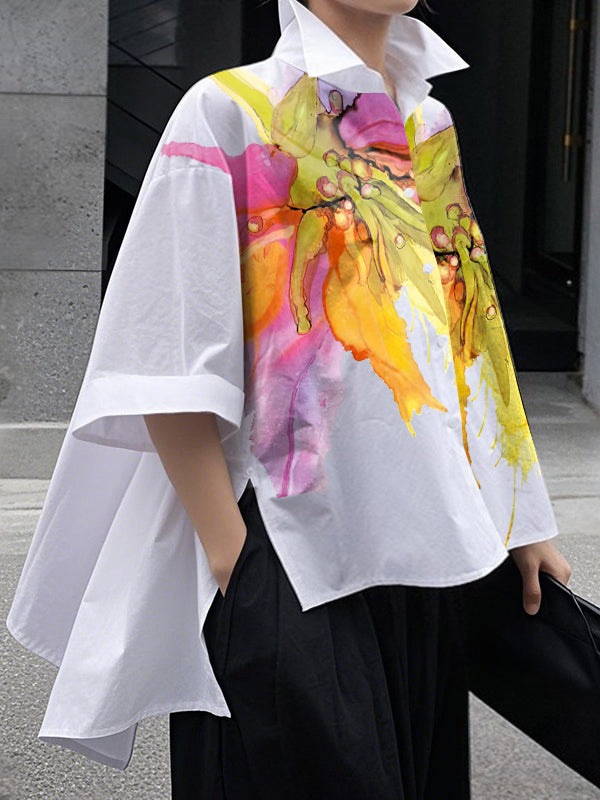 Half Sleeves High-Low Buttoned Flower Print Split-Side Stand Collar Blouses&Shirts Tops