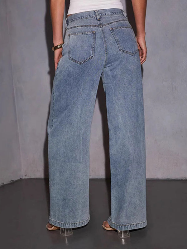 Loose Wide Leg Pleated Split-Joint Jean Pants Bottoms