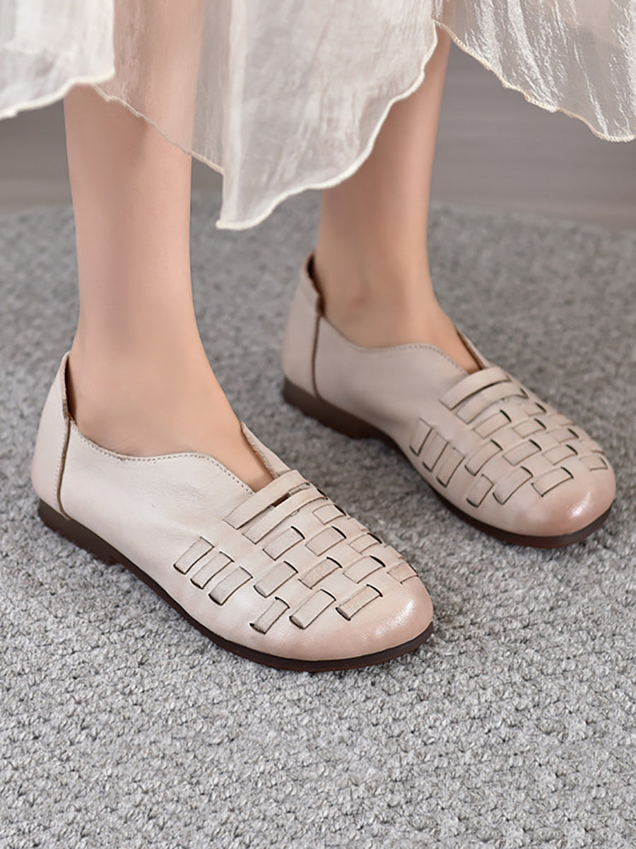 Women Vintage Genuine Leather Weave Low Heel Shoes