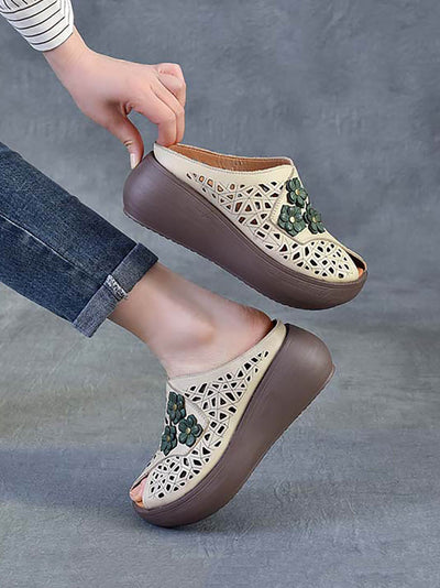 Women Ethnic Flower Leather Hollow Out Platfrom Slippers