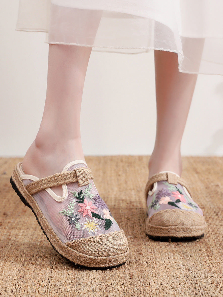 Women Summer Flower Embroidery Slippers