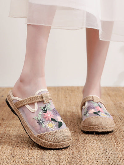 Women Summer Flower Embroidery Slippers