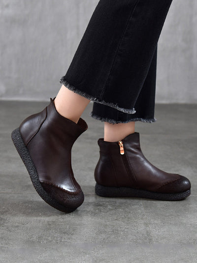 Women Genuine Leather Spliced Fleece-lined Flat Ankle Boots