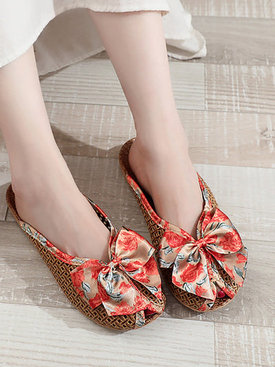 Women Ethnic Straw Weave Flower Bowknot Indoor Slippers